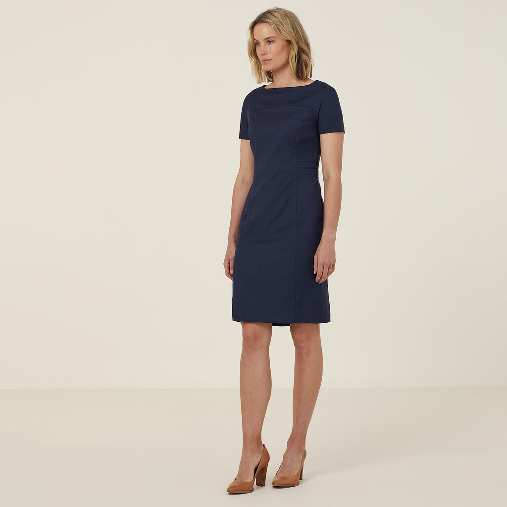 SHARKSKIN SHORT SLEEVE DETAIL DRESS