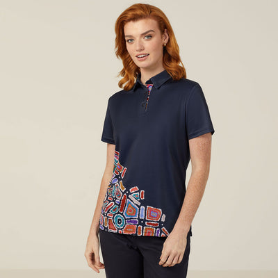 WOMEN'S POLYESTER KNIT WATER DREAMING INDIGENOUS PRINT POLO