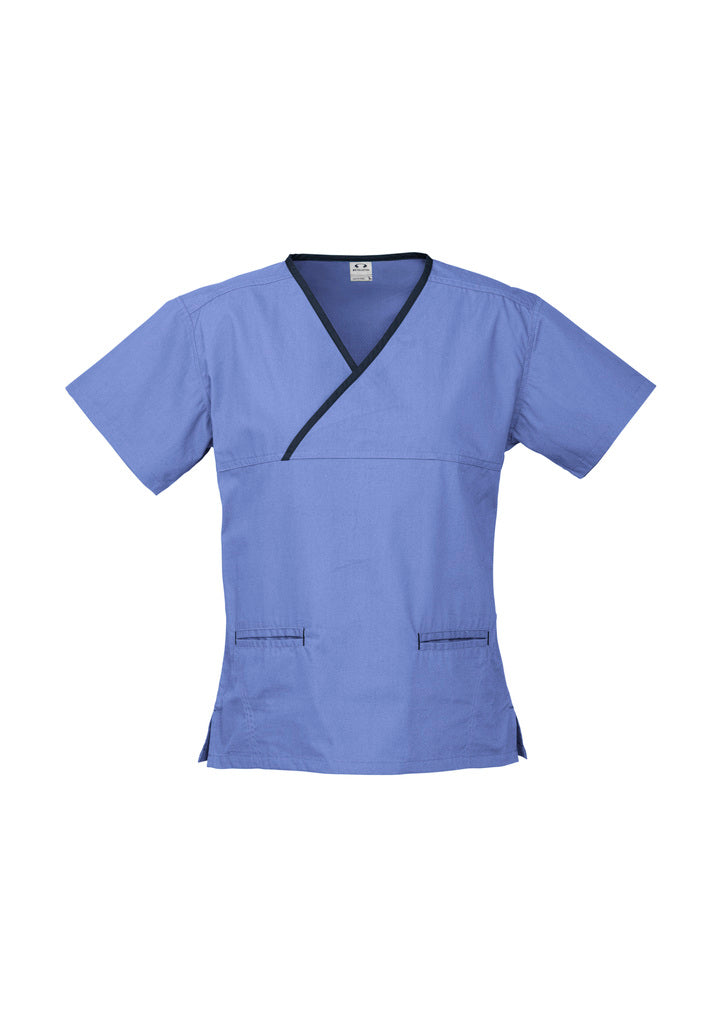 H10722-Ladies Contrast Crossover Scrubs Top