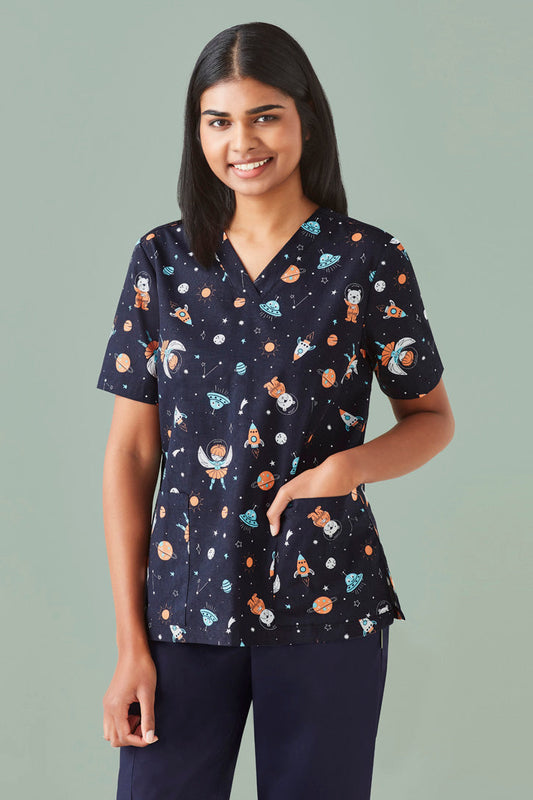 CST148LS-Space Party Womens Scrub Top