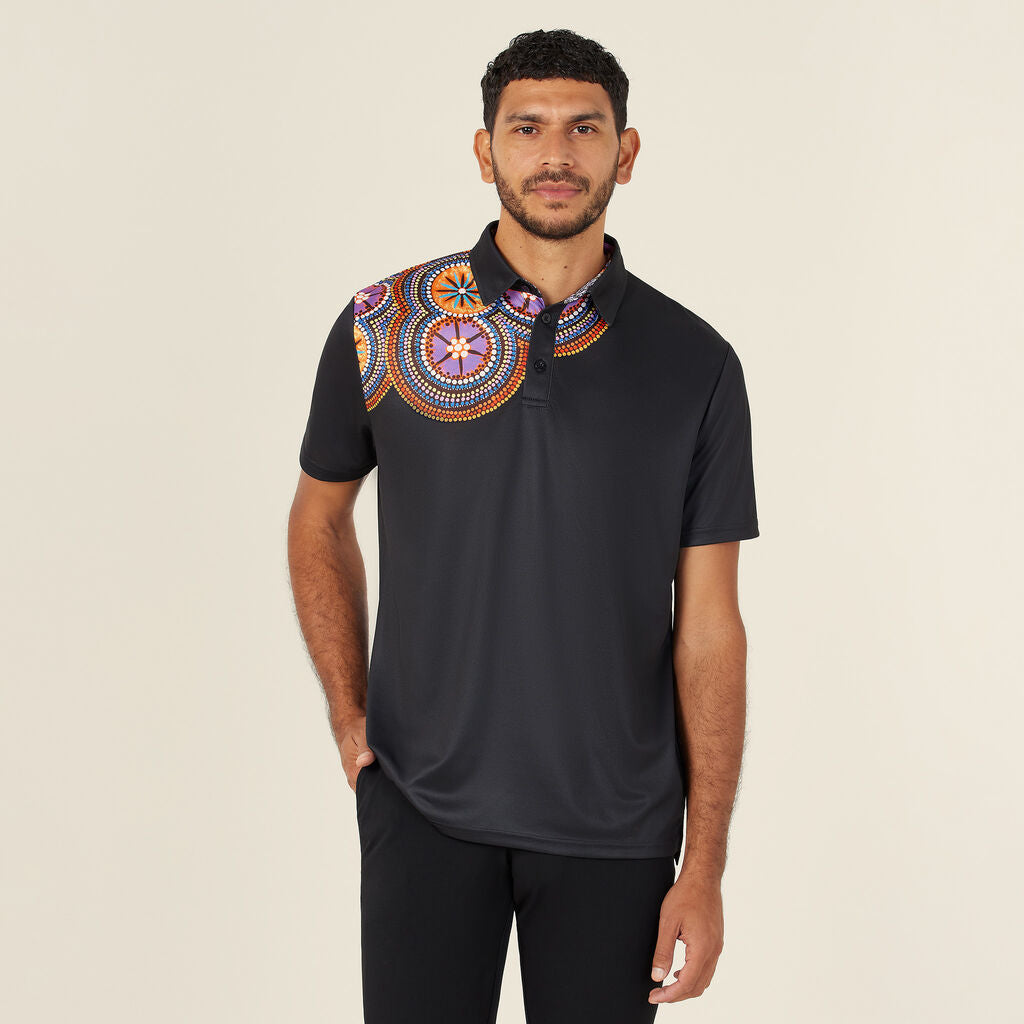 CATJJS-Polyester Knit Bush Tucker Indigenous Print Polo