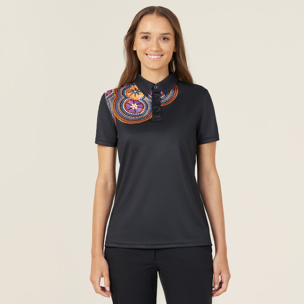 CATUSW-Polyester Knit Bush Tucker Indigenous Print Polo